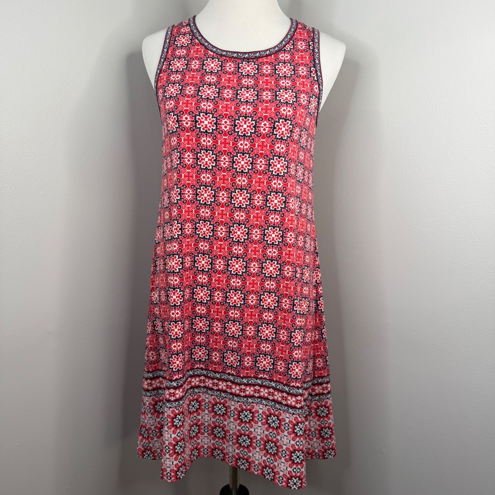Max Studio Womens Small Red Navy Geometric Tile Print Shift Dress Sleeveless